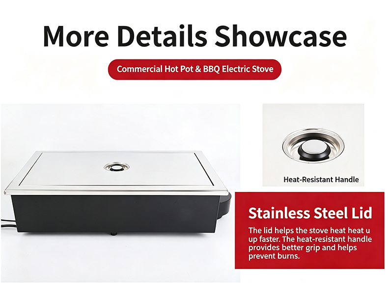 JHD‑650 automatic lifting built‑in bbq hotpot stove stainless steel lid with heat resistant handle spare parts close‑up view