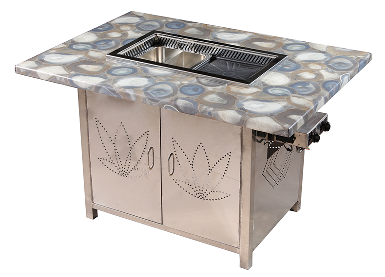 SZY‑650 gas hot pot grill table complete set, decorative stone tabletop stainless steel cabinet base commercial all‑in‑one gas stove angle view