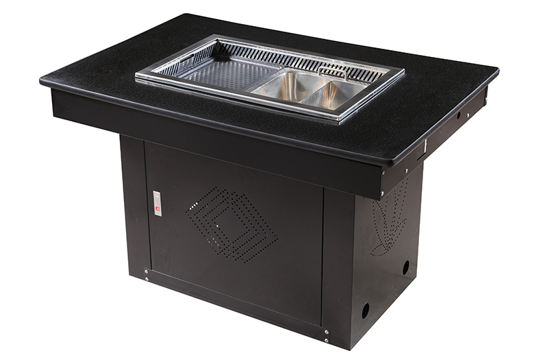 SZY‑710 gas hot pot grill table complete set, black stone tabletop black cabinet base commercial all‑in‑one gas stove angle view