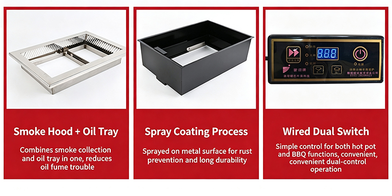 JHD‑540 spare parts smoke hood oil tray wired dual control switch, spray‑coated frame for built‑in bbq hotpot grill