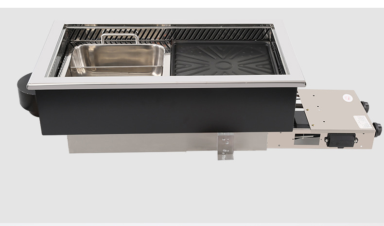 SZY‑650 commercial gas hot pot grill stove unit side view, open hot pot basin and grill tray built‑in gas cooker