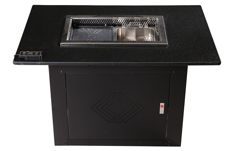 JHD‑650 automatic lifting integrated hot pot bbq electric stove embedded installed on restaurant dining table front perspective view