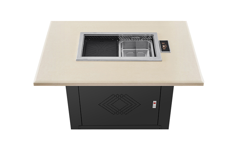 JHD‑650 built‑in smokeless bbq hot pot electric stove overhead top view embedded in marble restaurant table