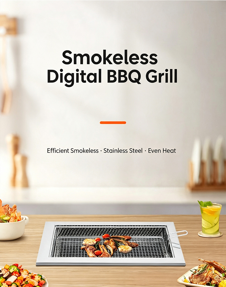 JHD-620 commercial smokeless digital electric BBQ grill, built-in stainless steel electric griller for restaurant catering equipment