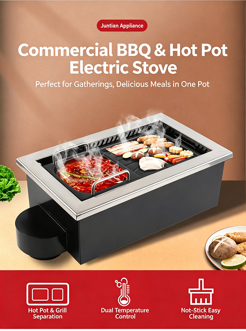 JHD‑450 Commercial Built‑in BBQ Hot Pot Electric Stove, commercial hot pot grill combo for restaurant
