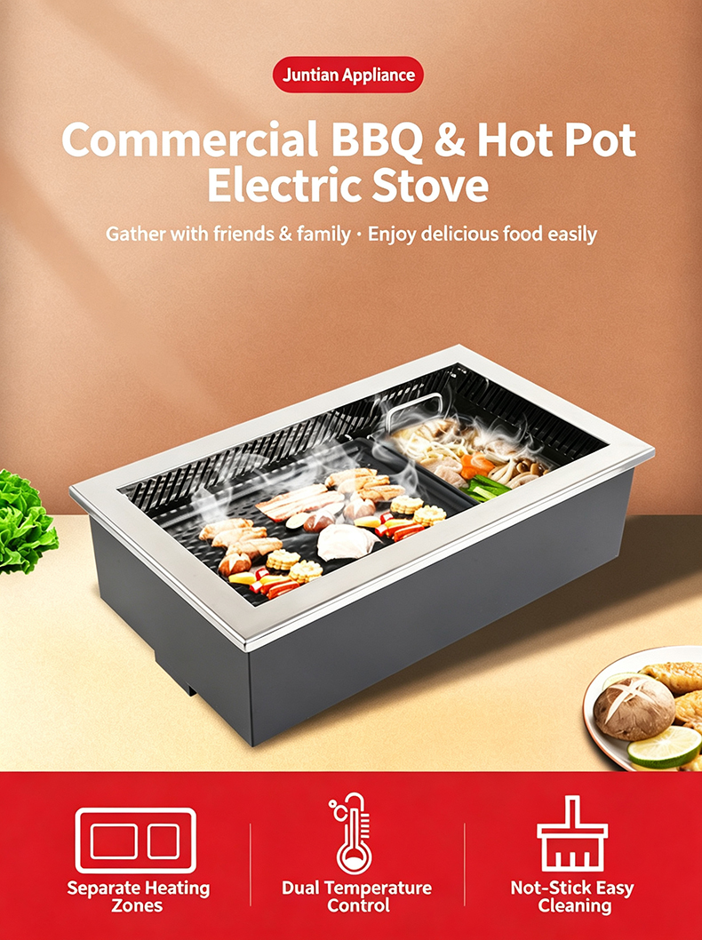 JHD‑630 Commercial All‑in‑One BBQ Hot Pot Electric Ceramic Stove, Built‑in Grill Hotpot Cooker For Korean Restaurant