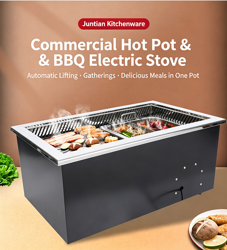 JHD‑650 Automatic Lifting Commercial Built‑in BBQ Hot Pot Electric Stove 2‑in‑1 cooker for restaurant catering