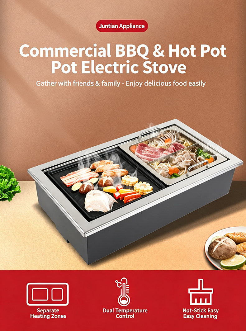 JHD‑650 Commercial Built‑in BBQ Hot Pot Electric Stove, commercial grill hotpot 2‑in‑1 cooker for restaurant