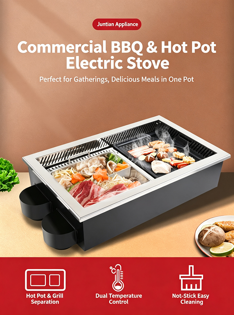 JHD‑710 Commercial Built‑in BBQ Hot Pot Electric Stove 2‑in‑1 cooker main poster for restaurant catering business