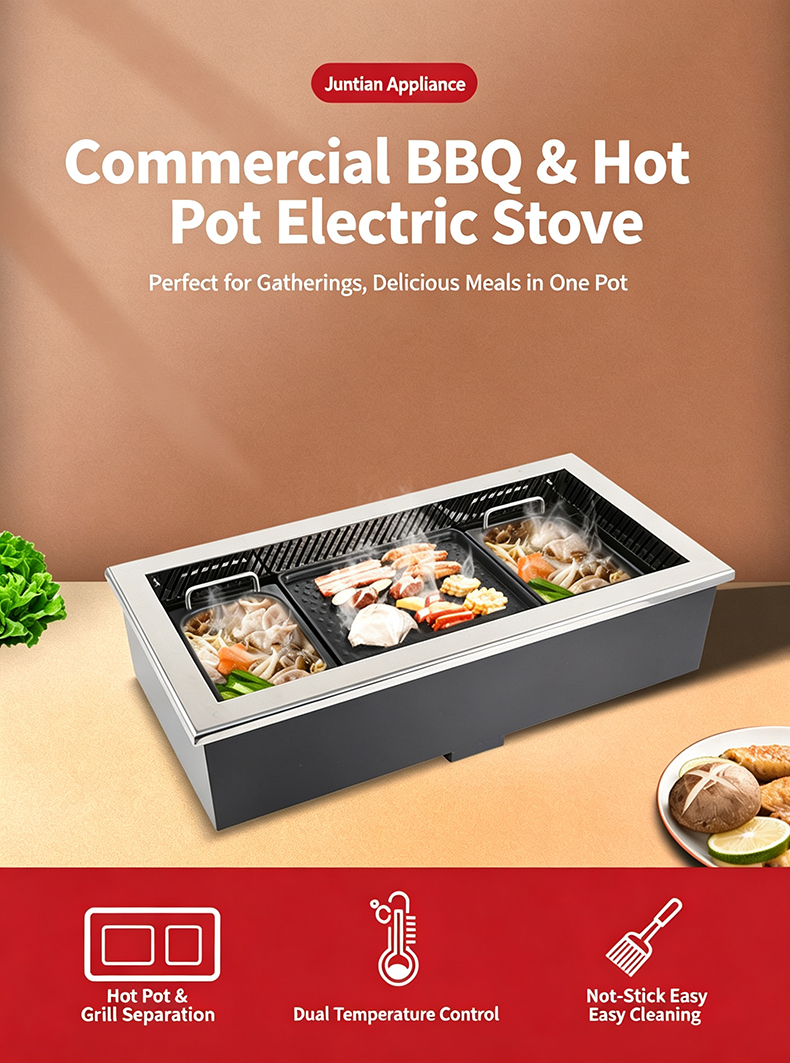 JHD‑720 Commercial Built‑in BBQ Hot Pot Electric Stove main poster, 2‑in‑1 grill hotpot cooker for restaurant catering business