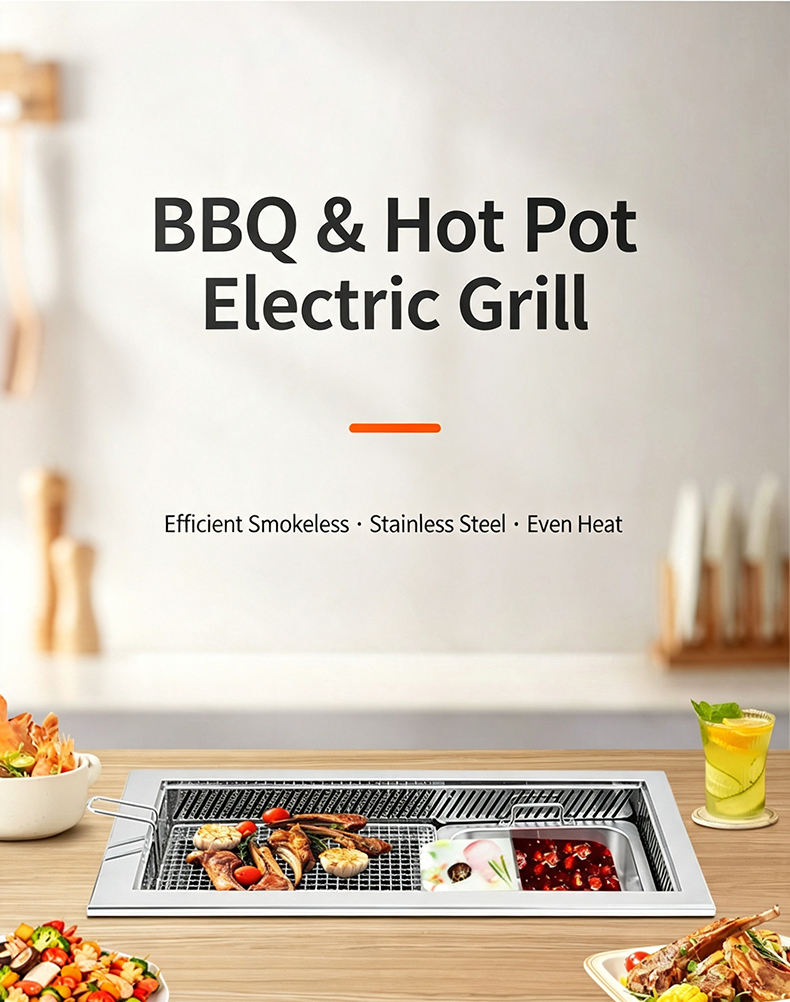 JHD‑760 commercial BBQ hot pot electric grill main banner, smokeless stainless steel 2‑in‑1 built‑in cooker for restaurant
