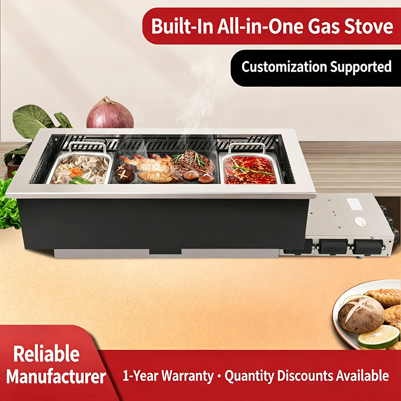 SZY-720 Built-in Gas BBQ Hot Pot All-in-One Stove, Commercial 3 Zones Roast Hotpot Catering Equipment For Restaurant