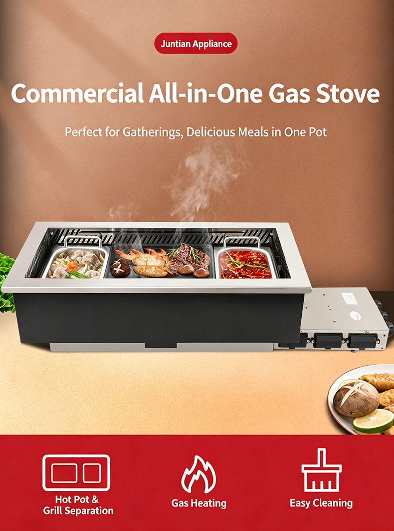 SZY‑720 commercial built‑in gas hot pot grill all‑in‑one stove, hot pot & grill separation gas heating easy cleaning for restaurant