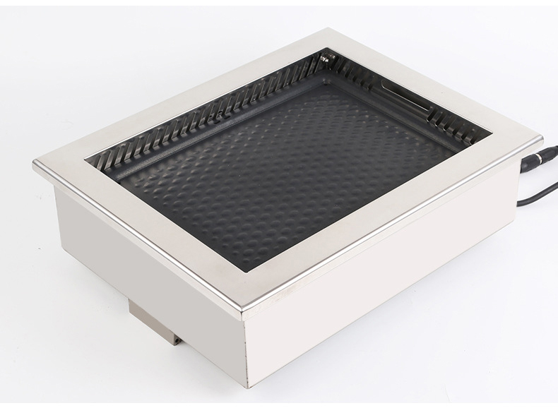 JHD-460 rectangular built-in electric grill angle view, stainless steel body smoke outlet and power cord for commercial use