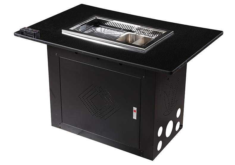 JHD‑650 automatic lifting built‑in hotpot barbecue electric stove embedded mounted dining table side angle installation shot for commercial catering