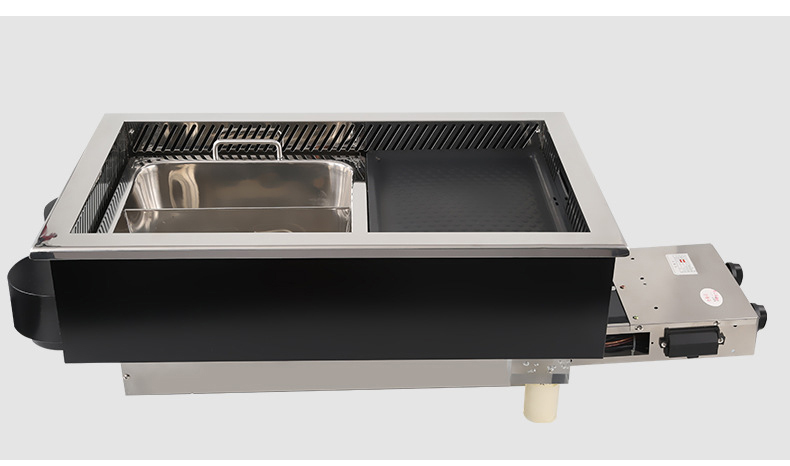 SZY‑710 commercial gas hot pot grill stove unit side view, open hot pot basin and grill tray built‑in gas cooker