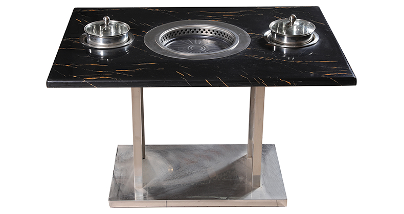 JHD-360A rectangular marble top hot pot grill dining table with two single side pots, stainless steel base for commercial restaurant catering equipment