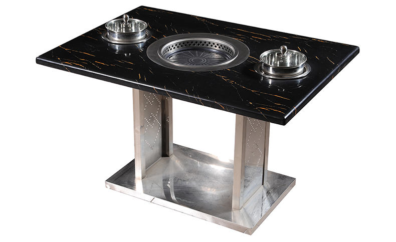 JHD-420C built-in hot pot grill stove on rectangular marble dining table with two single hot pots, stainless steel base for commercial restaurant catering equipment
