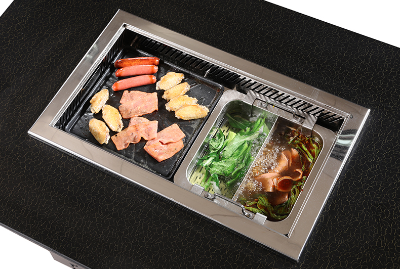 JHD‑650 lift type grill hotpot electric ceramic stove working scene, commercial roast and cook integrated cooker for restaurant