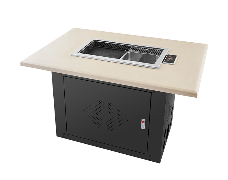 SZY‑650 commercial gas hot pot grill complete dining table front view, light color tabletop built‑in stove with black cabinet base for restaurant