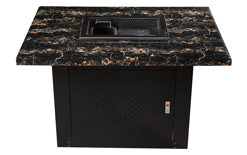 JHD‑540 Built‑in Grill Hot Pot Dining Table Marble Tabletop Front View, Commercial BBQ Hotpot Integrated Table For Korean Restaurant