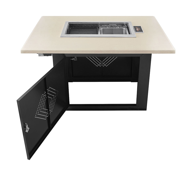 JHD‑650 commercial grill hot pot integrated table stove, open cabinet structure view for restaurant buffet barbecue hotpot table