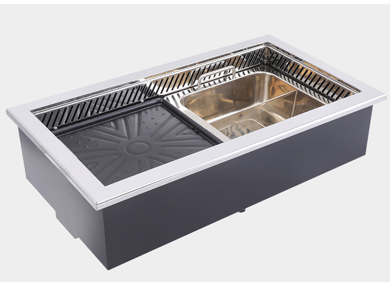 JHD‑650 built‑in electric roast hot pot integrated unit close‑up, commercial bbq hotpot dual‑purpose embedded stove for catering