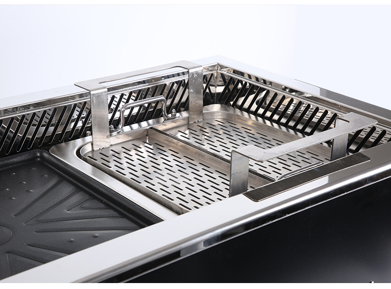 JHD‑650 lift‑type roast‑hotpot integrated electric ceramic stove internal stainless steel structure close‑up, commercial kitchen equipment accessory