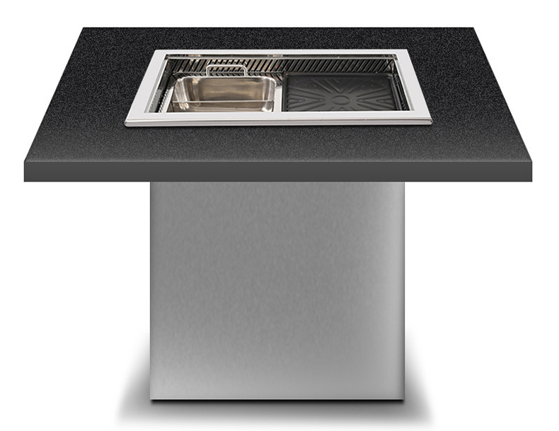 JHD‑650 lift‑type grill hotpot stove fitted on black stone dining table, embedded restaurant barbecue hotpot table setup