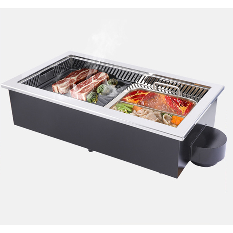JHD‑650 commercial roast hot pot all‑in‑one electric stove working scene, korean bbq hotpot embedded cooker for restaurant buffet