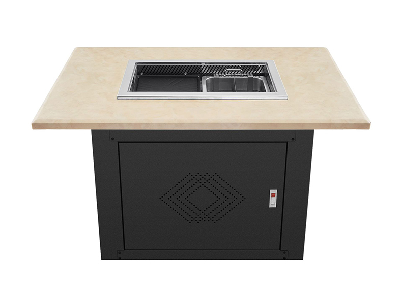 JHD‑650 lift roast hotpot electric ceramic stove complete table set, marble tabletop with black cabinet front view for hot pot restaurant