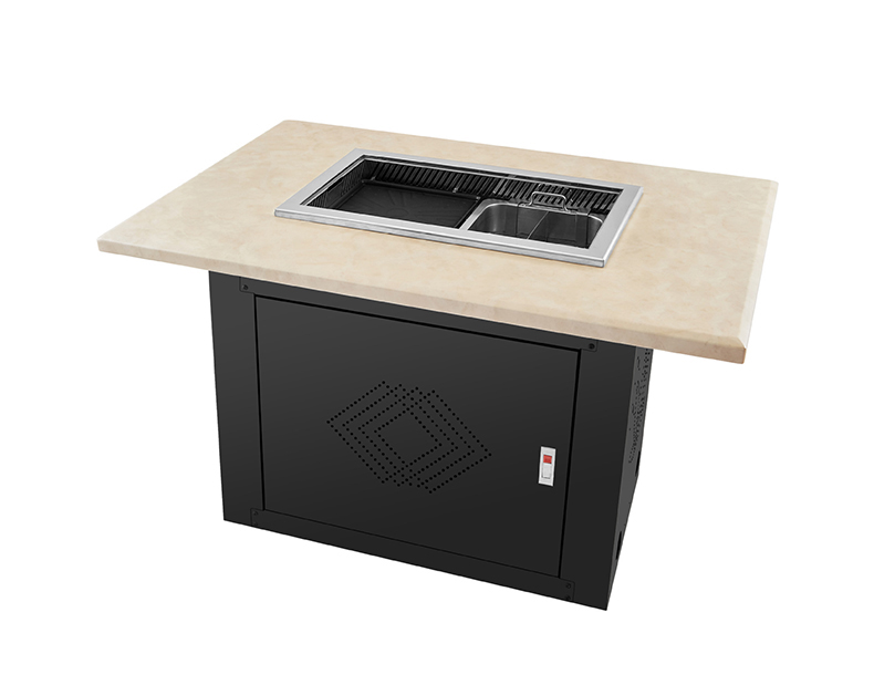 JHD‑650 lift‑version grill hotpot integrated stove dining table side perspective, commercial embedded barbecue hotpot furniture