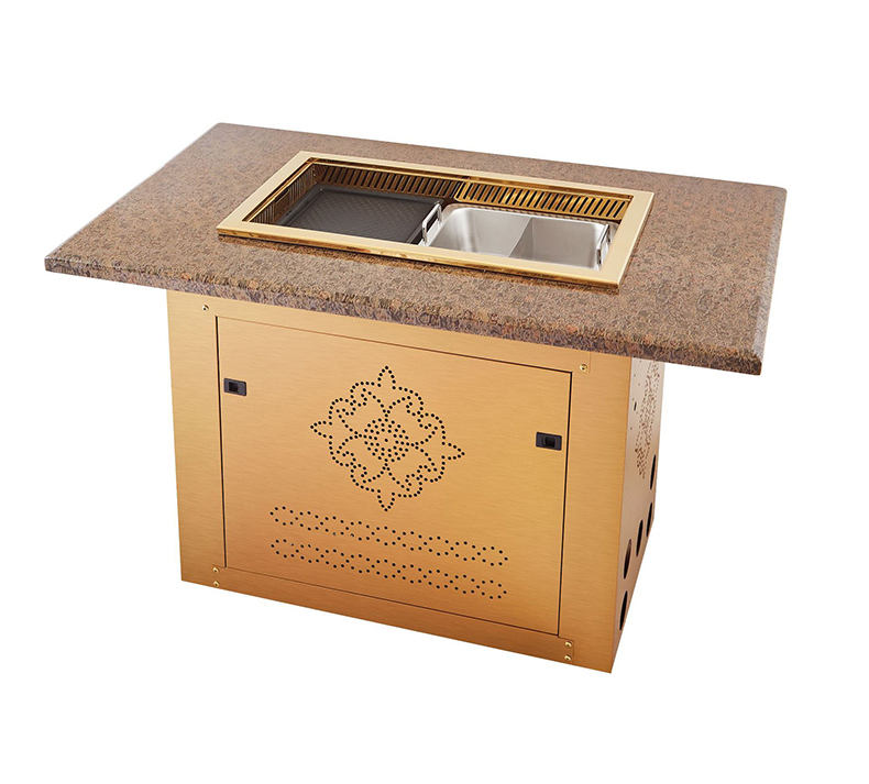 Oblique angle shot of commercial dining table embedded with JHD‑710 grill hotpot integrated electric ceramic cooker