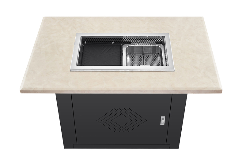 JHD‑650 lift grill hotpot electric ceramic stove table top‑down shot, marble tabletop embedded roast hotpot cooker for catering business