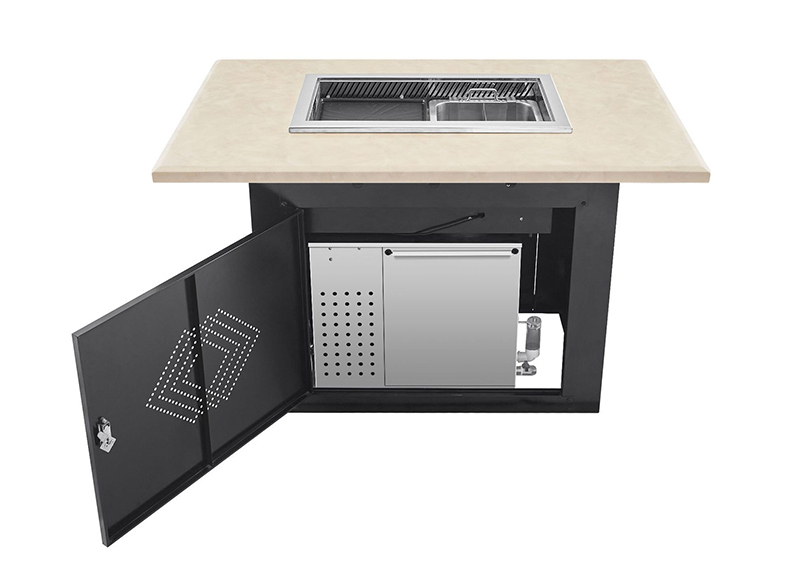 JHD‑650 lift‑type grill hotpot table open cabinet showing internal machine assembly, commercial restaurant built‑in stove structure