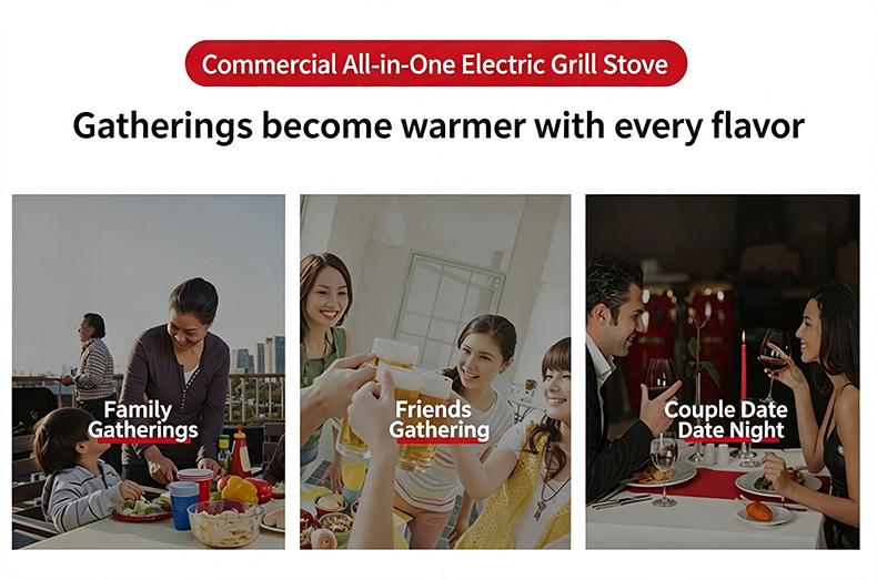 JHD-360A electric grill stove usage scenarios, family friends couple gathering commercial tabletop grilling equipment
