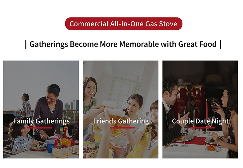 JHD‑480 hot pot grill stove usage scenarios, family gatherings, friend party, couple dinner night commercial kitchen equipment