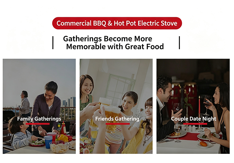 JHD‑720 commercial bbq hot pot stove multi‑usage scenarios, family friends couple date night gathering catering equipment