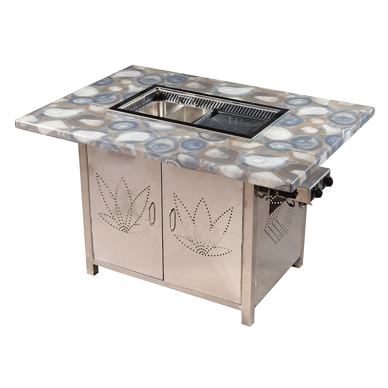 SZY-650 Gas BBQ Hot Pot Integrated Dining Table, Marble Top Stainless Steel Cabinet Commercial Restaurant Roast Hotpot Table
