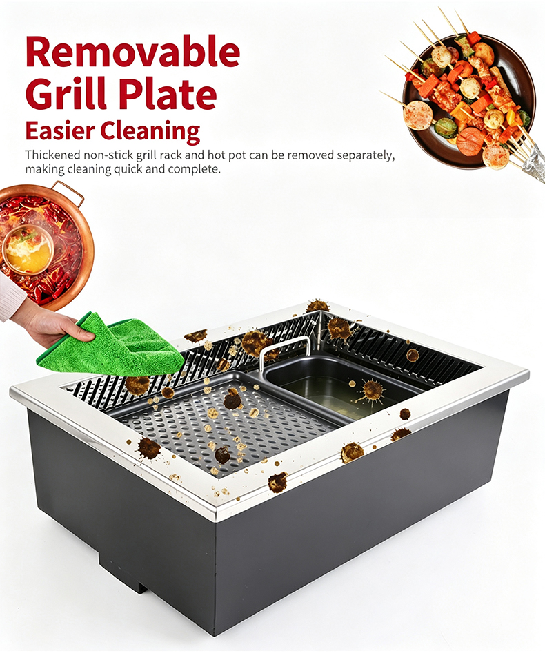 JHD‑540 built‑in bbq hotpot stove removable non‑stick grill plate easy cleaning commercial restaurant equipment
