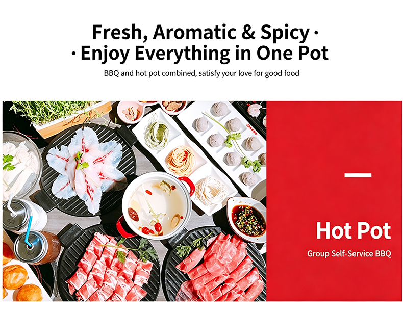 JHD‑630 Juntian Commercial Grill Hot Pot Electric Stove Food Showcase, Hotpot And BBQ Raw Materials For Self‑service Restaurant