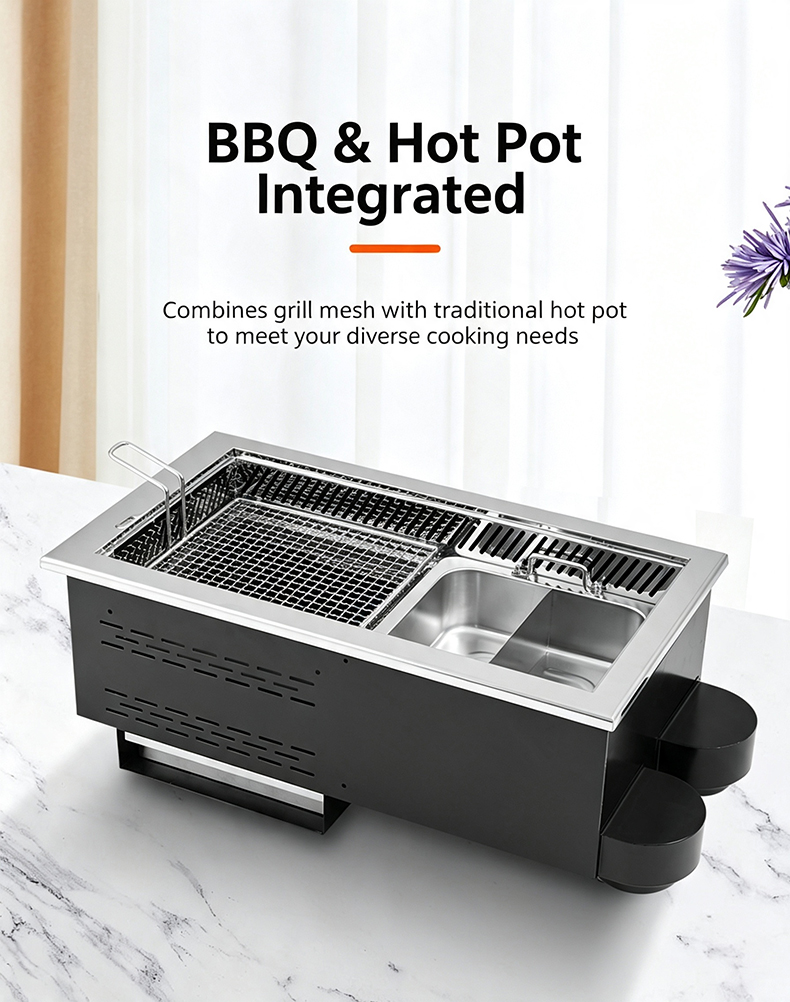 JHD‑670 BBQ Hot Pot Integrated commercial electric ceramic stove real product shot, stainless steel built‑in grill hotpot unit for hotpot restaurant