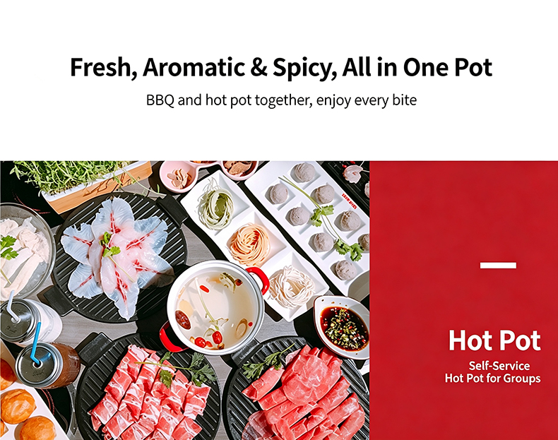 JHD‑710 built‑in 2‑in‑1 bbq hot pot electric stove fresh raw food ingredients self‑service hot pot food showcase for restaurant