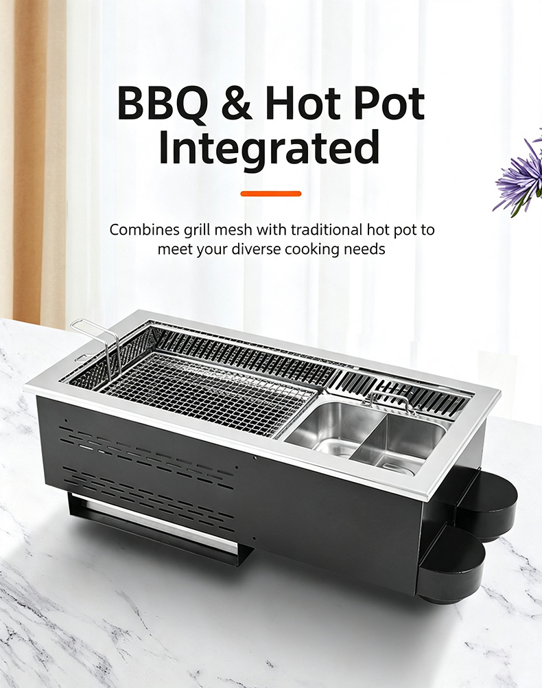 JHD‑760 BBQ and hot pot integrated electric ceramic stove real shot, embedded dual‑use grill hotpot unit for catering business