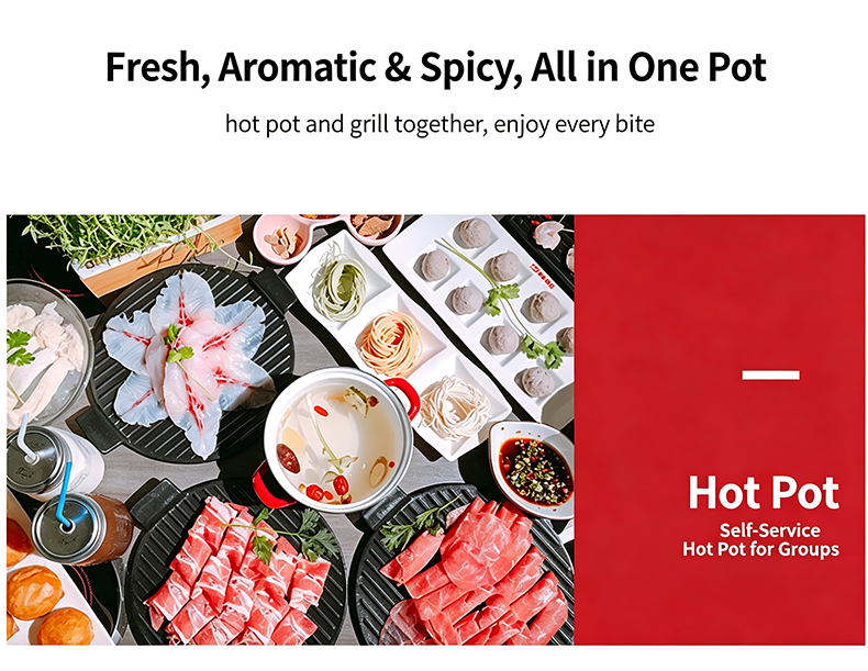 SZY‑540 commercial gas cooktop hot pot food showcase, fresh meat vegetable self‑service group hot‑pot for restaurant