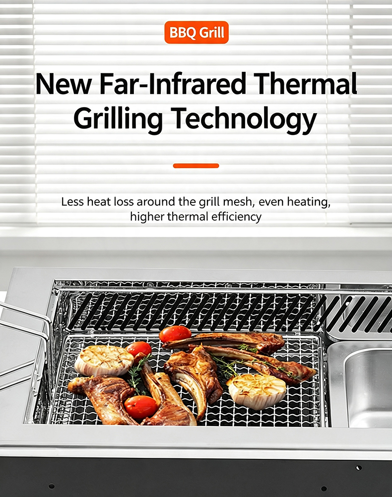 JHD‑670 new far‑infrared thermal grilling technology close‑up, even heating high thermal efficiency commercial bbq hotpot cooker