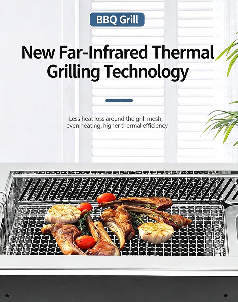 JHD‑760 new far‑infrared thermal grilling technology, even heating grill mesh with grilled meat food showcase commercial bbq stove