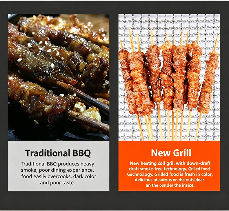 JHD-430 new smokeless electric grill vs traditional BBQ comparison, less smoke better food color and taste for commercial restaurant