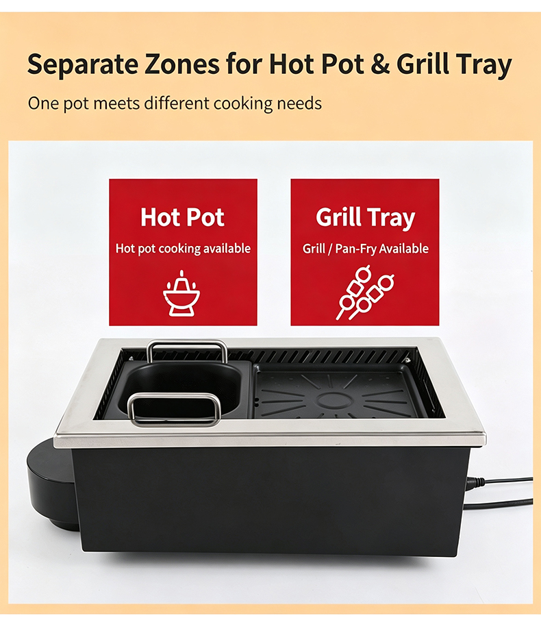 JHD‑450 commercial bbq hot pot stove separate cooking zones for hot pot and grill tray one‑pot dual‑cooking