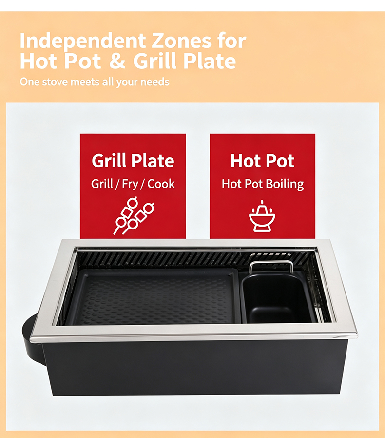 JHD‑630 Electric Ceramic Stove Independent Dual Zones, Separate Grill Plate And Hot Pot Area For Simultaneous Cooking